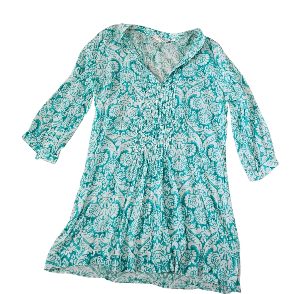 Dolma‎ Tunic Top Tunic Coverup  3/4 Sleeve Cotton Small Aqua Boho Hippie Coastal
